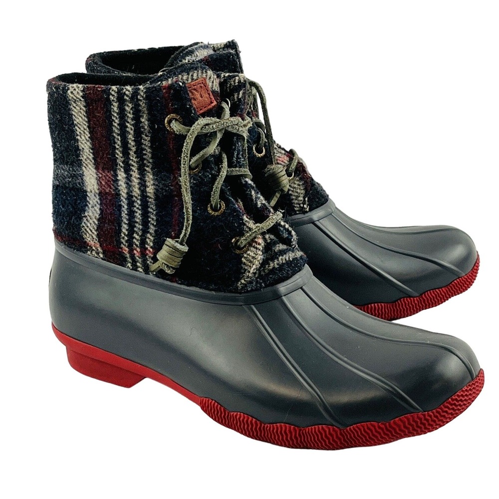 Womens 7M Sperry Saltwater Gray Duck Boots Blue Red Wool Plaid Uppers Waterproof